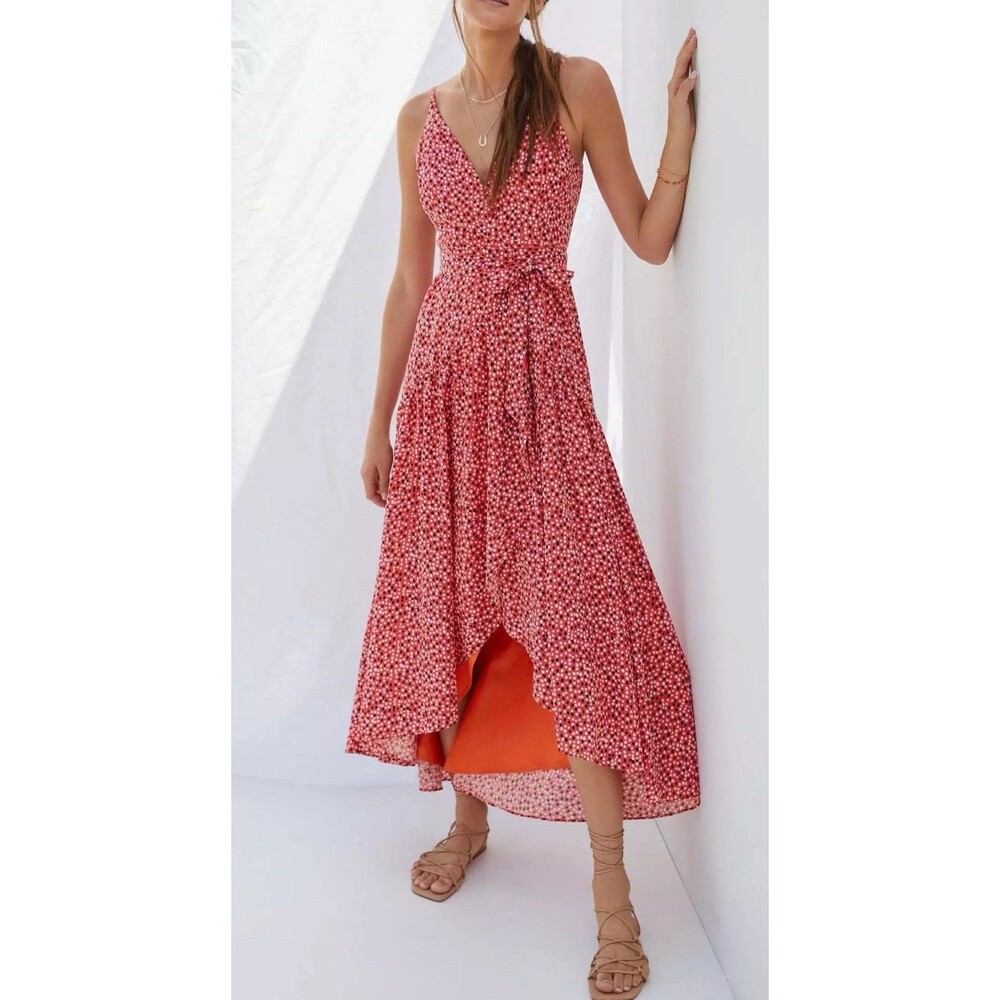 ANTHROPOLOGIE x Hutch Pink & Orange Flutter Polka Dot Wrap Midi Dress Small NWT